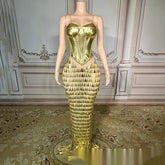 Golden Bright Surface Bandage Design Tight Waist Slimming Mermaid Day Formal Dress - kinko