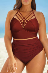 Full Size Halter Neck Crisscross Ruched Two-Piece Swimsuit - kinko