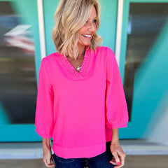 Solid Color And V-neck Women's Loose Casual Chiffon Shirt Top - kinko