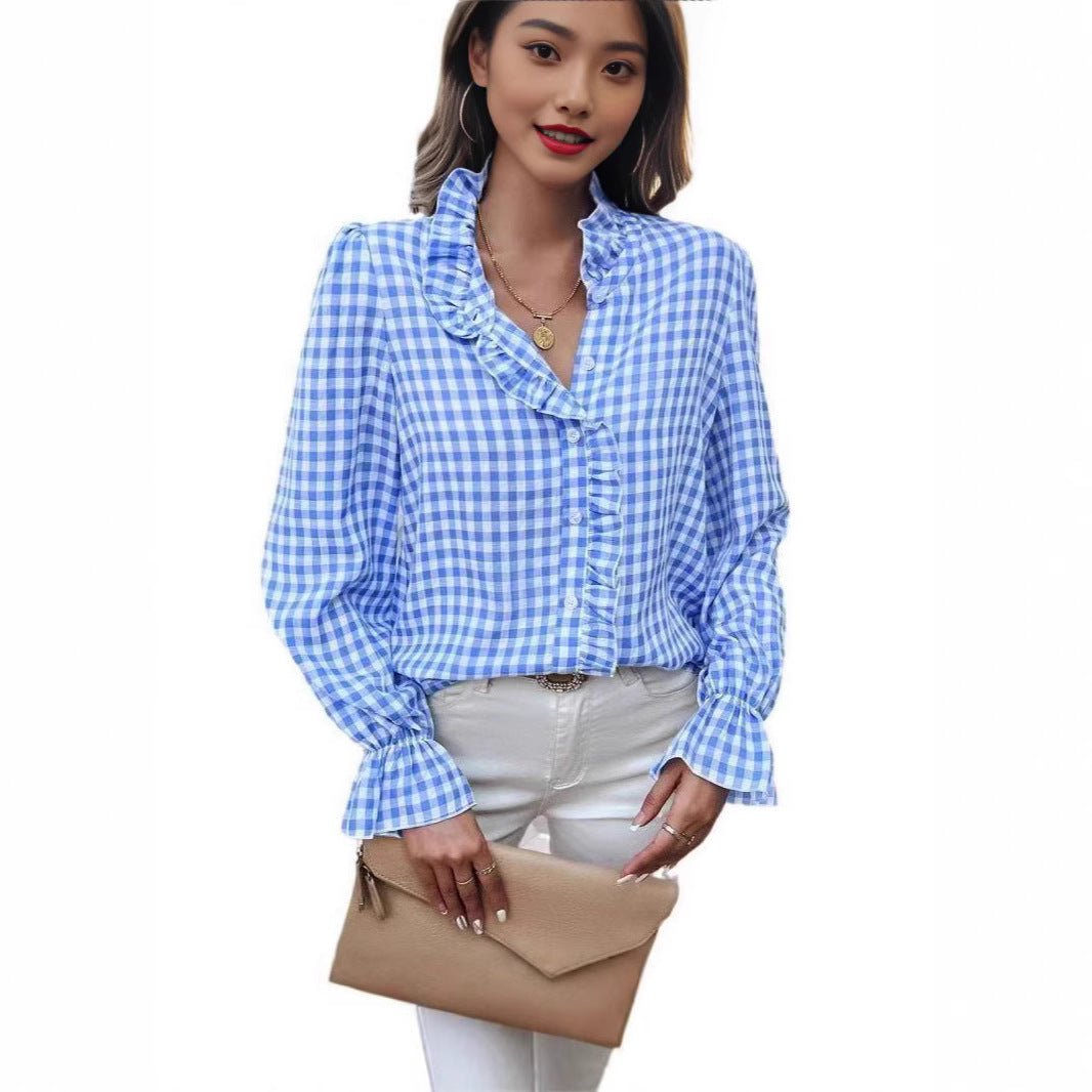 Women's French-style Plaid Shirt With Wooden Ears - kinko