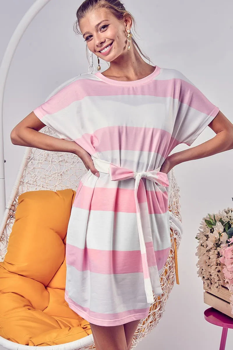 BiBi Tie Front Striped Short Sleeve Dress - kinko