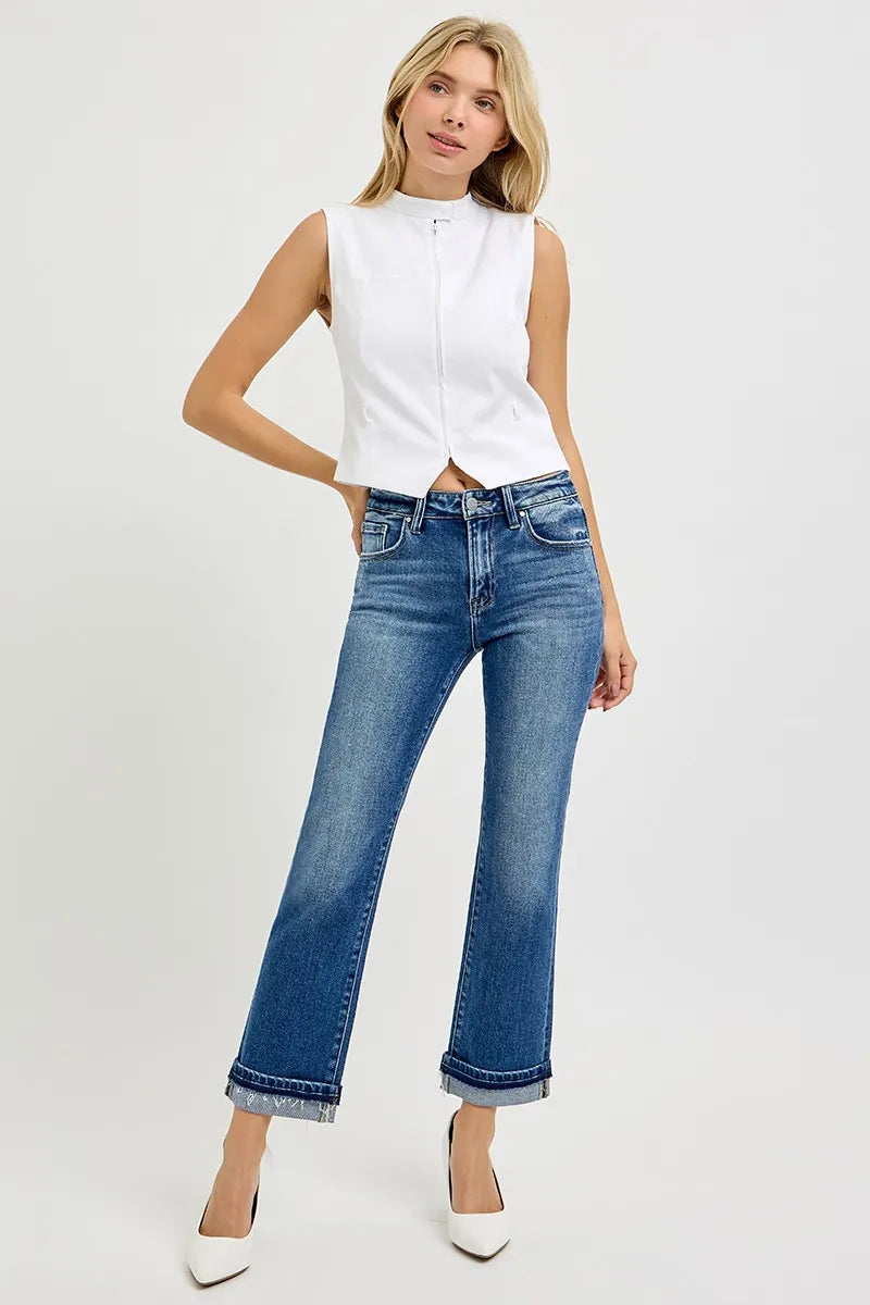 RISEN Mid Rise Ankle Straight Cuffed Jeans - kinko