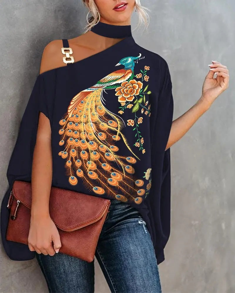Wear Halter Shawl Printed Elegant Short Sleeve Bat Shirt - kinko