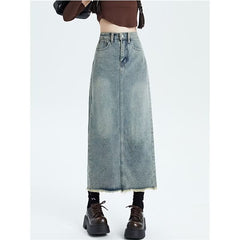 Retro Women's High Waist Denim Skirt Women's Mid-length Versatile Hem Tassel Hip Skirt - kinko