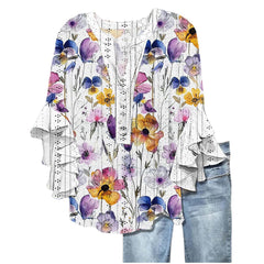 Printed Casual Trend V-neck Flounce Sleeve T-shirt - kinko