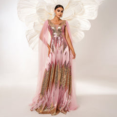 Mesh Long Sleeve V-neck Sequins Large Swing Evening Dress - kinko