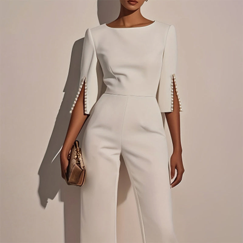 Women's Elegant Round Neck Jumpsuit - Mid-Sleeve With Side Slit Cuffs & Pearl Accents, Back Zipper Design For Casual To Formal Events - kinko
