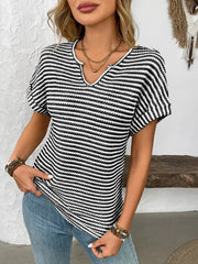 Striped Notched Short Sleeve T-Shirt - kinko