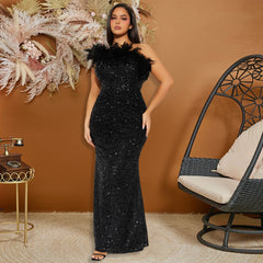 Black Paillette Feather Stitching Sequin Sexy Evening Dress Women - kinko