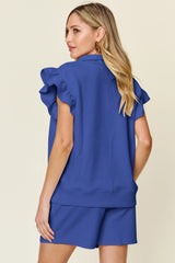 Double Take Full Size Texture Flounce Sleeve Top and Drawstring Shorts Set - kinko