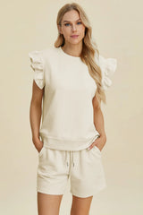 Double Take Full Size Texture Round Neck Ruffle Sleeve Top and Shorts Set - kinko