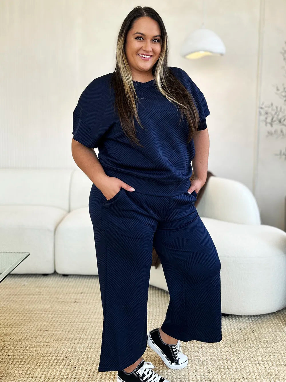 Double Take Full Size Texture Short Sleeve Top and Pants Set - kinko