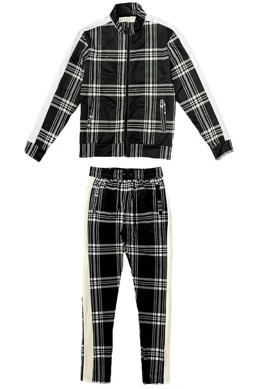 WEIV Men's Full Size Plaid Checkered Zip Up Track Jacket and Pants Set Plus Size - kinko
