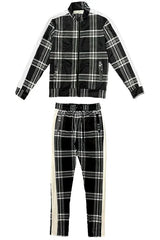 WEIV Men's Full Size Plaid Checkered Zip Up Track Jacket and Pants Set Plus Size - kinko