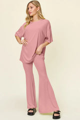 Double Take Full Size Round Neck Drop Shoulder T-Shirt and Flare Pants Set - kinko