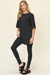 Double Take Full Size Round Neck Dropped Shoulder T-Shirt and Leggings Set - kinko