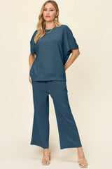 Double Take Full Size Texture Short Sleeve Top and Pants Set - kinko