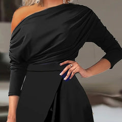 Women's Elegant One-Shoulder Jumpsuit With Long Sleeves & Pants Slit Pleated Waist Formal & Party For Spring&Summer - kinko