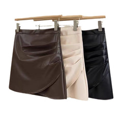 Black Small Leather Skirt Women's Springautumnwinter High Waist Ruffle Hip Short Skirt - kinko