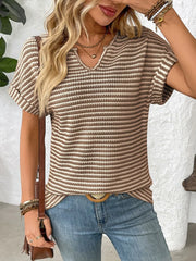 Striped Notched Short Sleeve T-Shirt - kinko