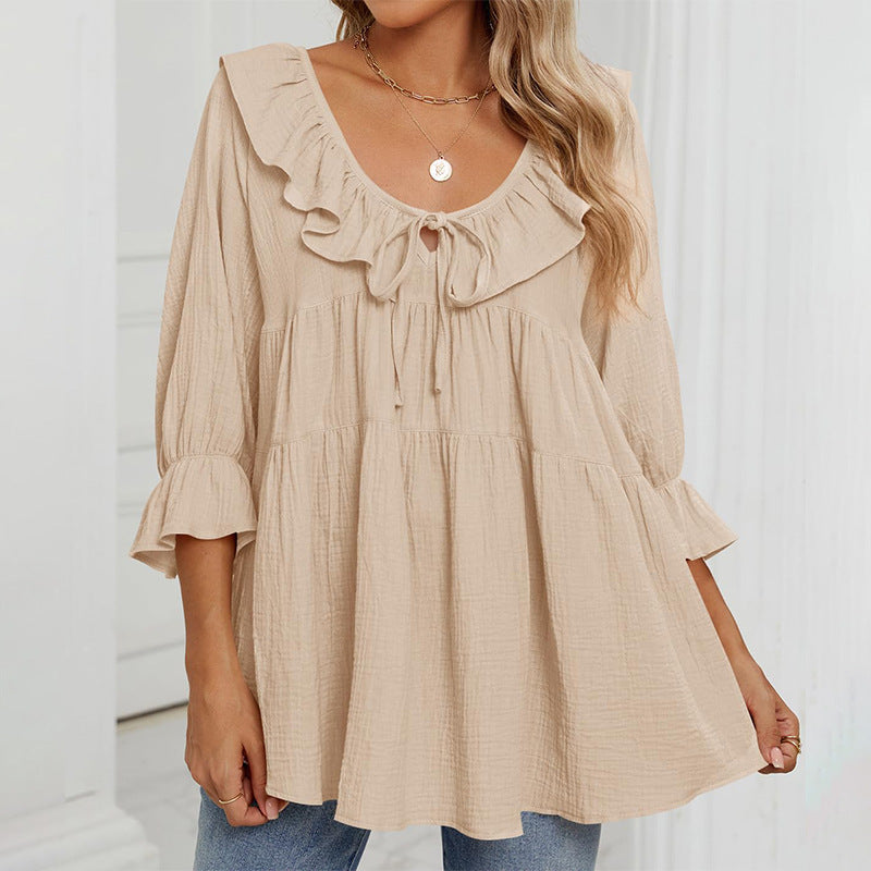 Round Neck Tied Front Dart Multi-layer Loose Waist Shirt - kinko