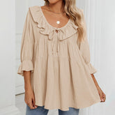Round Neck Tied Front Dart Multi-layer Loose Waist Shirt - kinko