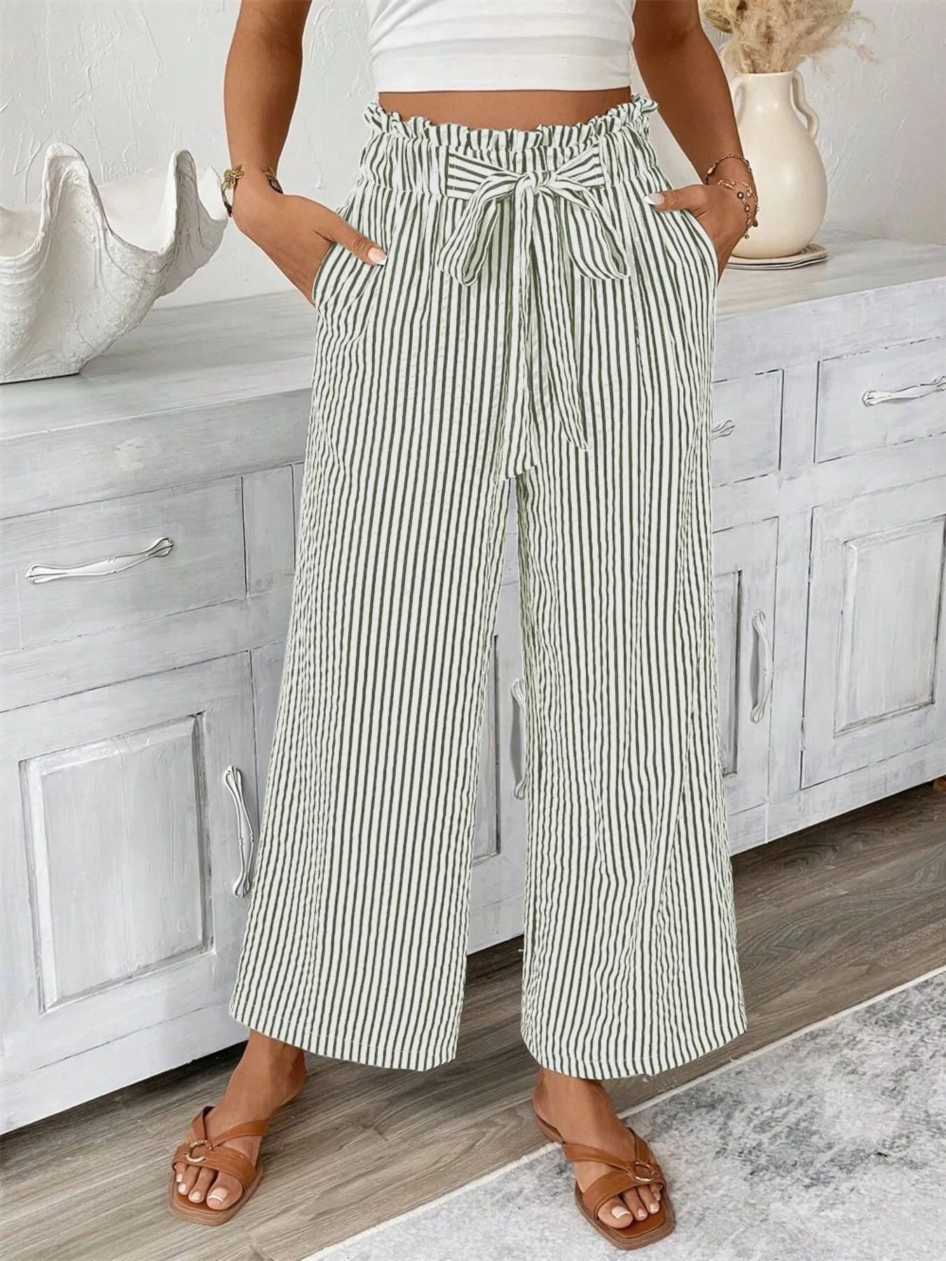 Full Size Striped Wide Leg Paper Bag Pants Plus Size - kinko
