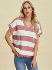 Double Take Full Size Striped V-Neck Short Sleeve Sweater - kinko