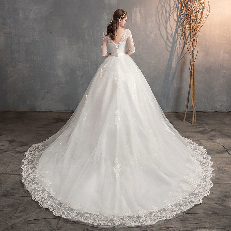 Wedding Dress Trailing Deep V Neck Lace High Waist Wedding Dress Long Sleeves - kinko