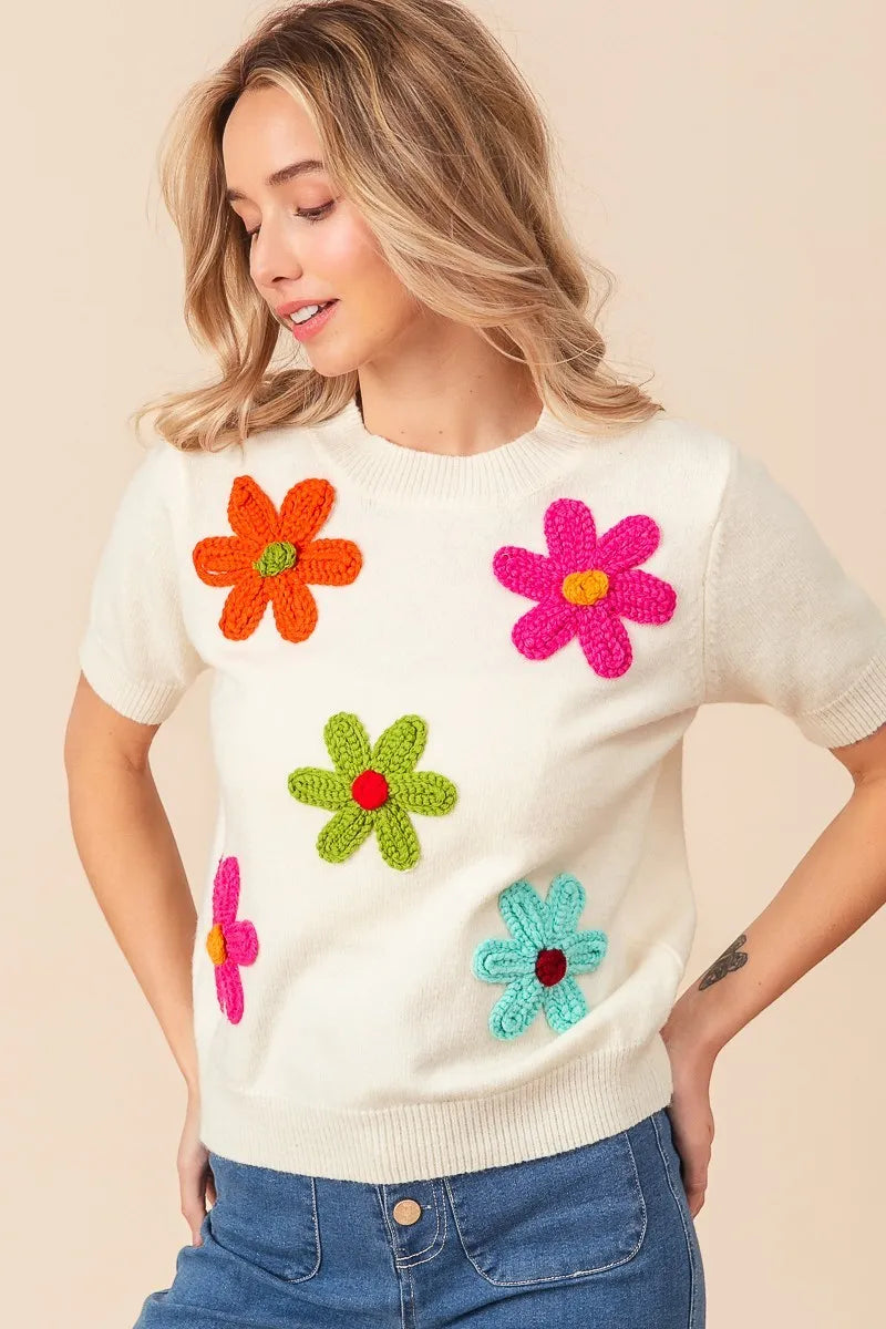 BiBi Crochet Flower Patch Sweater Top - kinko