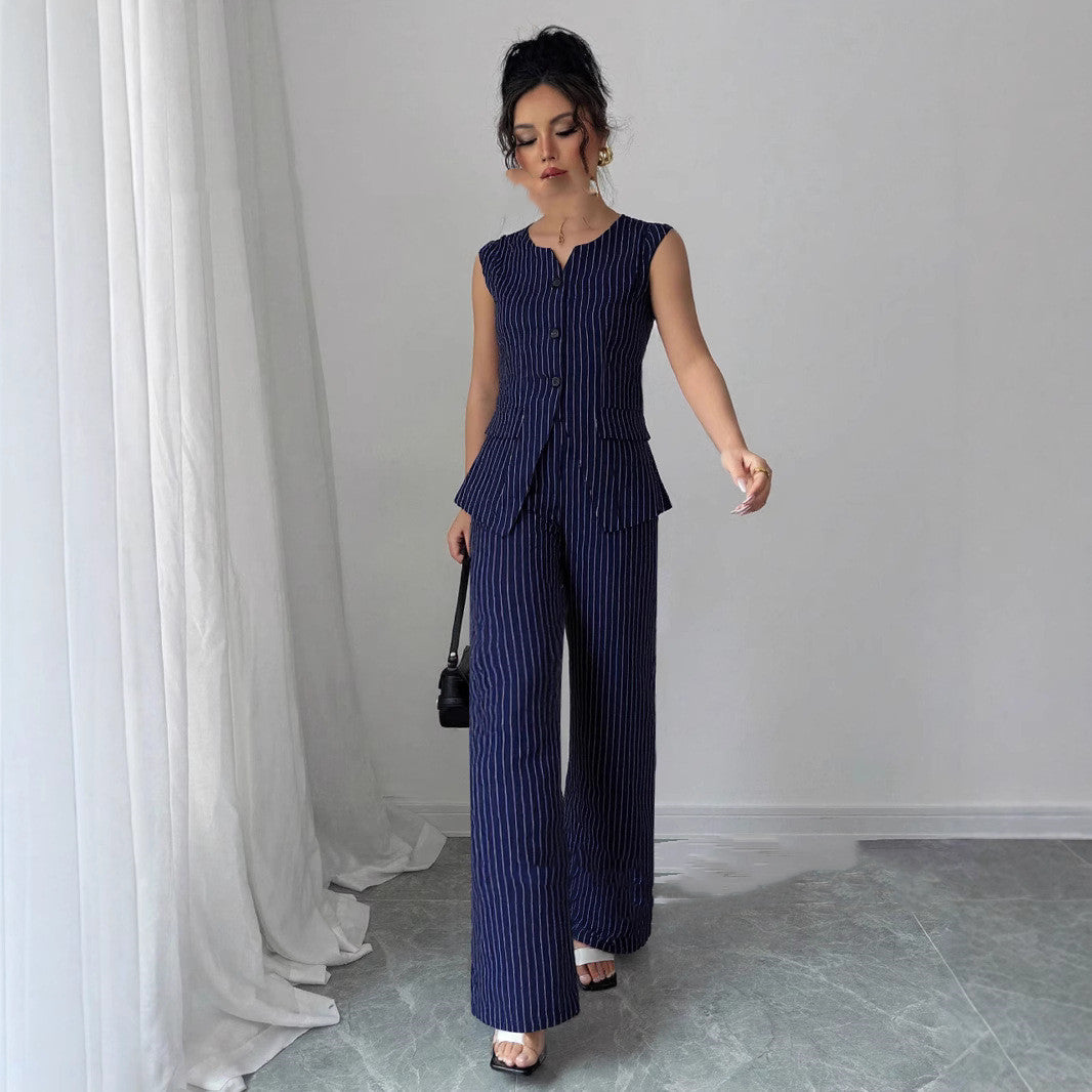 Casual Striped Short Style Lapel Suit Straight-leg Pants Suit - kinko
