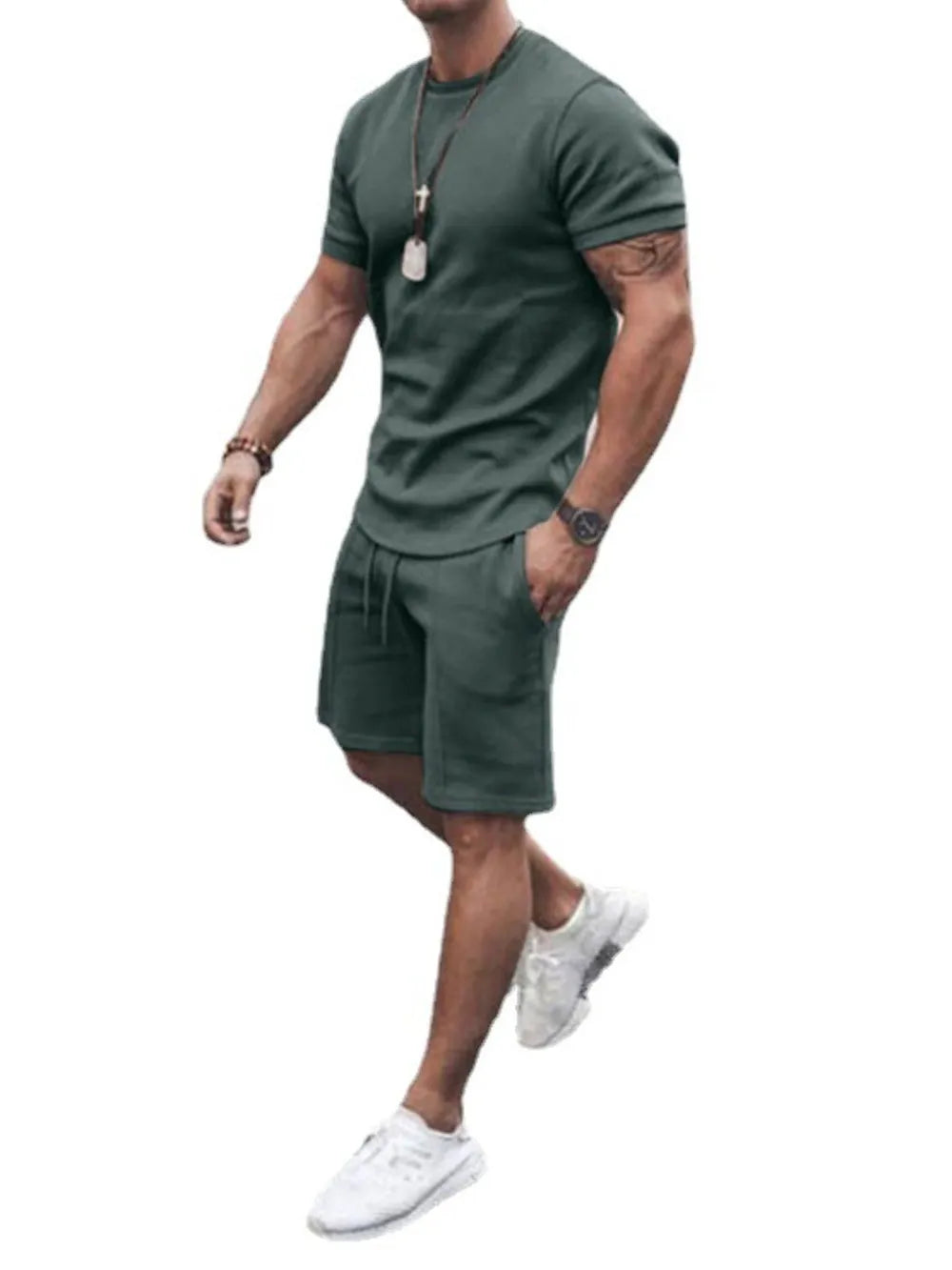 Men's Plus Size Round Neck Short Sleeve Top and Shorts Set - kinko