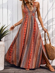 Tied Back Printed Sleeveless Maxi Slit Dress - kinko