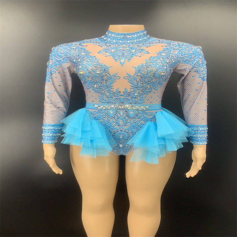 Dance Sexy Shiny Rhinestone Mesh Jumpsuit Stage Performance Costume Women - kinko