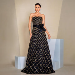 Off-neck Wrapped Chest Nipped-waist Large Swing Sequined Evening Dress - kinko