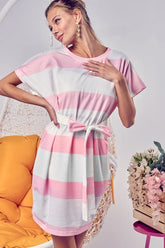 BiBi Tie Front Striped Short Sleeve Dress - kinko