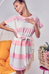 BiBi Tie Front Striped Short Sleeve Dress - kinko