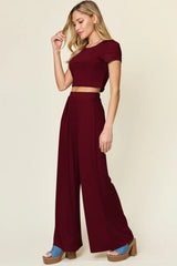 Double Take Full Size Round Neck Top and Pants Set - kinko