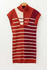 Brown Stripe Color Block Quarter Zip Collar Short Sleeve Sweater Dress - kinko
