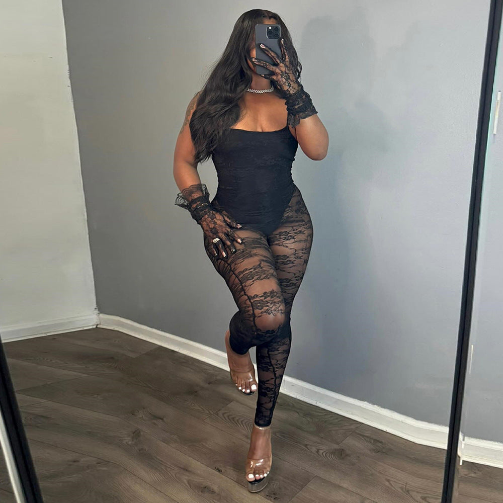 Sexy Women Clothing Sling Style Stitching Sheer Cutout High Elasticity Jumpsuit - kinko