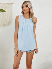 Round Neck Sleeveless Top with Pleated Front Detail - kinko