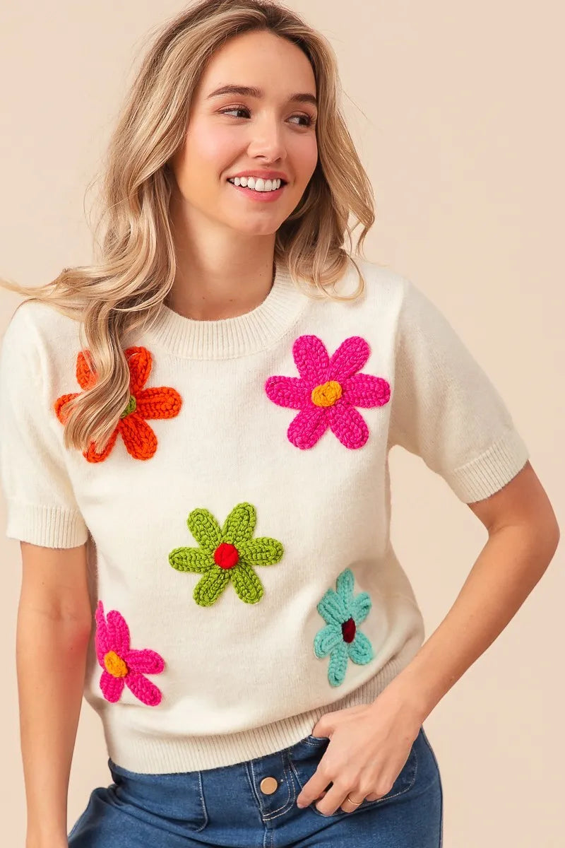 BiBi Crochet Flower Patch Sweater Top - kinko