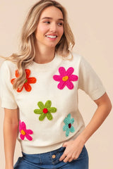 BiBi Crochet Flower Patch Sweater Top - kinko