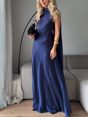 Royal Blue Satin Sleeveless Maxi Dress - kinko