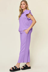 Double Take Texture Ruffle Short Sleeve Top and Drawstring Wide Leg Pants Set - kinko