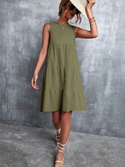 Tiered Round Neck Sleeveless Mini Tank Dress - kinko