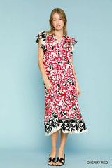 Umgee Printed Ruffled Cap Sleeve Midi Dress - kinko
