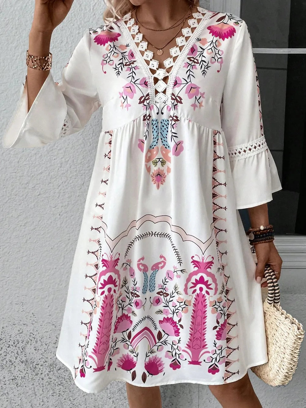 Lace Detail Printed Three-Quarter Sleeve Dress - kinko