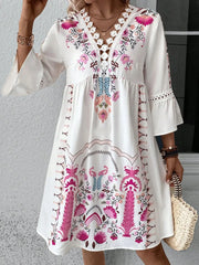 Lace Detail Printed Three-Quarter Sleeve Dress - kinko