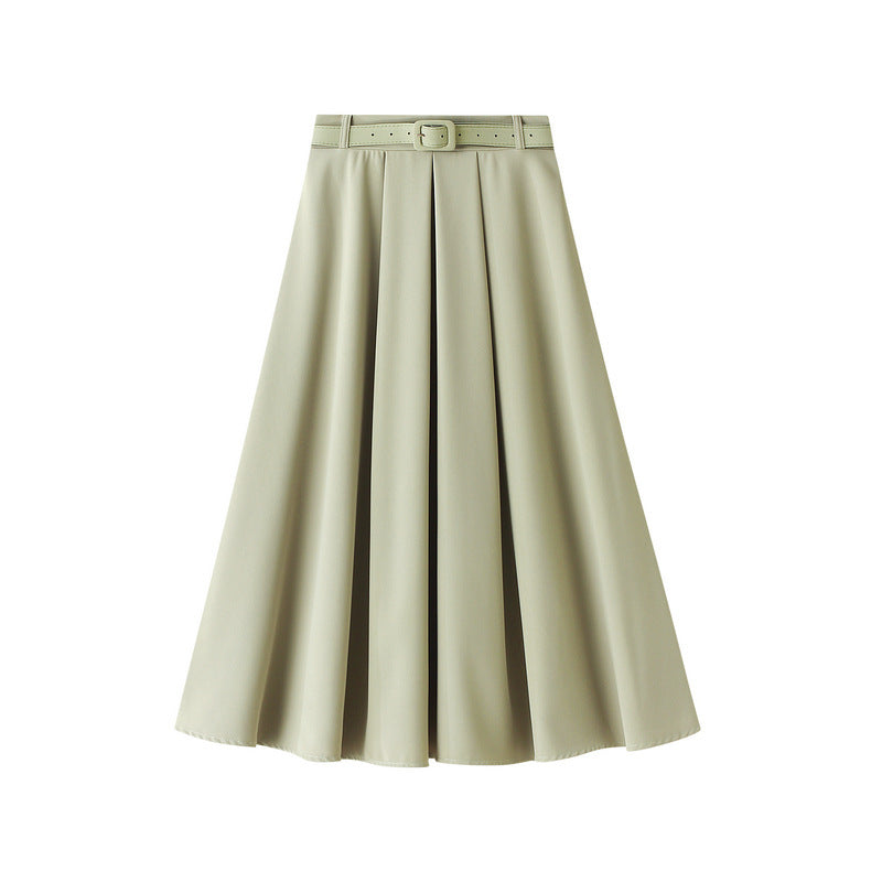 Retro High Waist A- Line Skirt Slimming Skirt Belt Attached - kinko